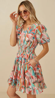 Modern Botanical Print Puff Slv Dress