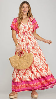 Border Print Flutter Slv Maxi Dress