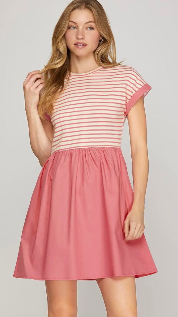 Stripe Knit +Woven Bottom Dress