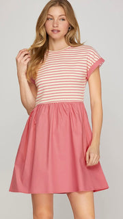 Stripe Knit +Woven Bottom Dress