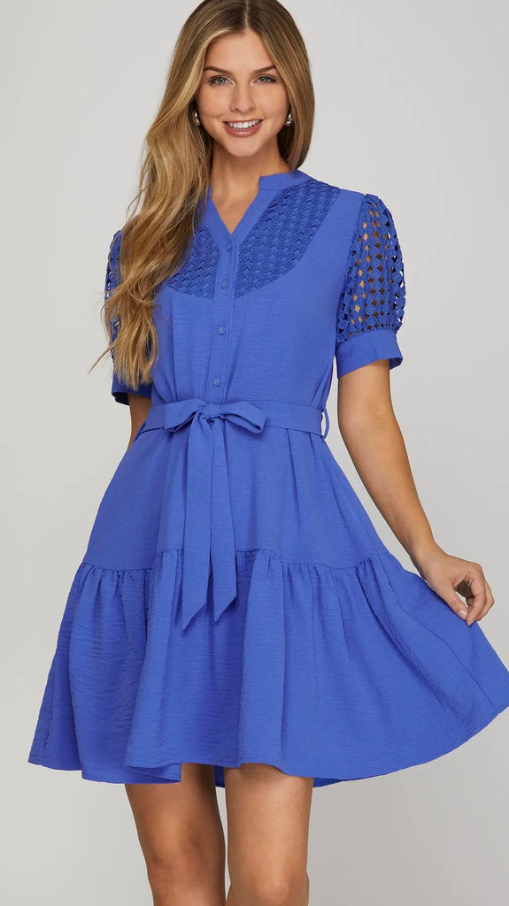 Crochet Puff Sleeve Dress w/Pockets