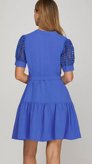 Crochet Puff Sleeve Dress w/Pockets