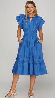Double Ruffle Sleeve Cotton Midi Dress