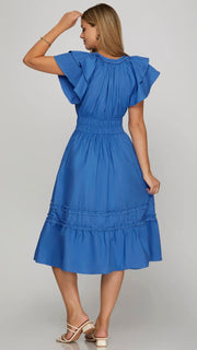 Double Ruffle Sleeve Cotton Midi Dress