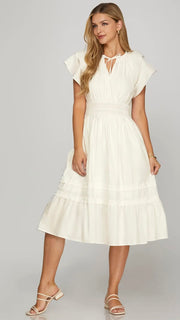 Double Ruffle Sleeve Cotton Midi Dress