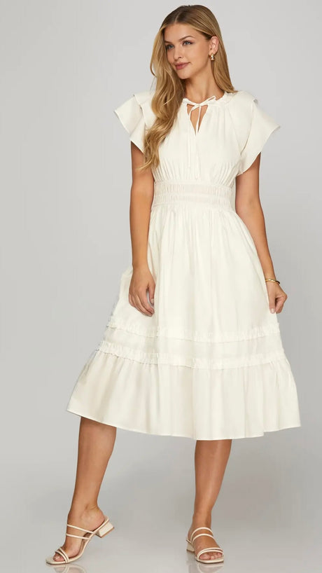 Double Ruffle Sleeve Cotton Midi Dress
