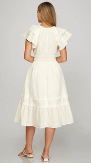 Double Ruffle Sleeve Cotton Midi Dress