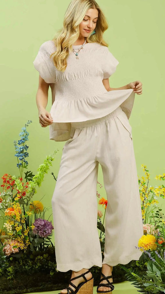 Scallop Hem Linen Blend Pants