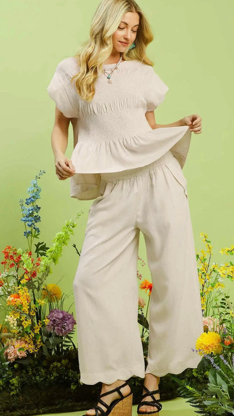 Scallop Hem Linen Blend Pants