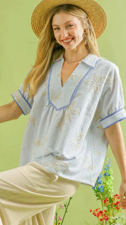 Stripe Embroidered Scallop Trim Top