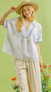 Stripe Embroidered Scallop Trim Top