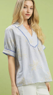 Stripe Embroidered Scallop Trim Top