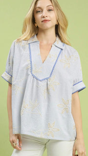 Stripe Embroidered Scallop Trim Top