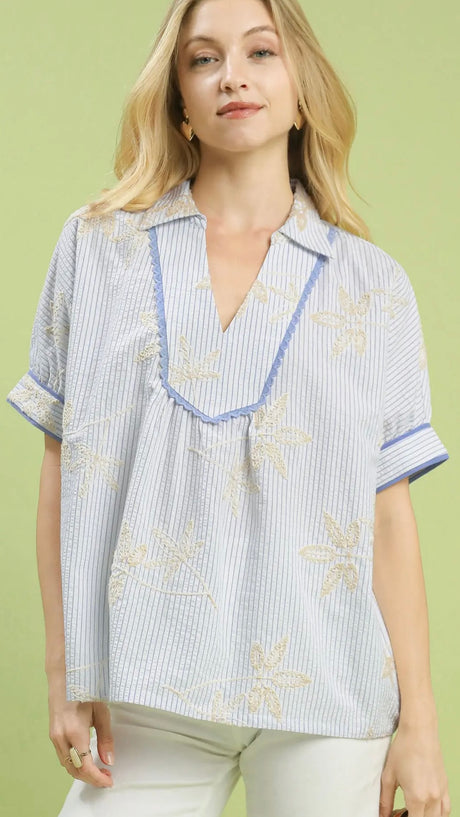 Stripe Embroidered Scallop Trim Top