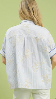 Stripe Embroidered Scallop Trim Top