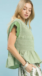 Smocked Stripe Scallop Slv Top
