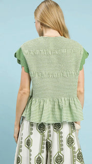 Smocked Stripe Scallop Slv Top