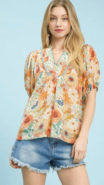 Multi Floral Puff Sleeve Top