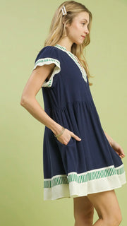 Stripe Trim Linen Blend Dress