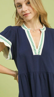 Stripe Trim Linen Blend Dress