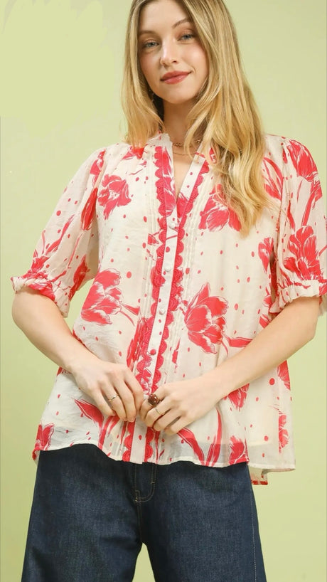 Floral Button Front Puff Slv Top