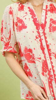 Floral Button Front Puff Slv Top