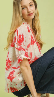 Floral Button Front Puff Slv Top