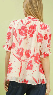 Floral Button Front Puff Slv Top