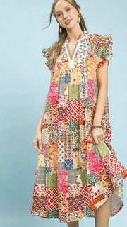Patchwork Ruffle Sleeve Midi Dress
