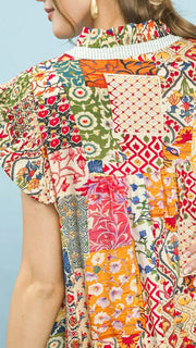 Patchwork Ruffle Sleeve Midi Dress