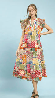 Patchwork Ruffle Sleeve Midi Dress