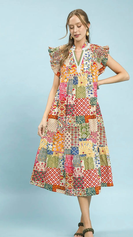 Patchwork Ruffle Sleeve Midi Dress