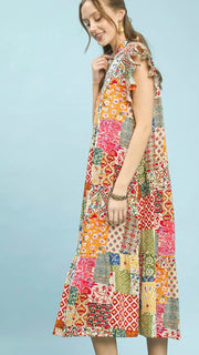 Patchwork Ruffle Sleeve Midi Dress