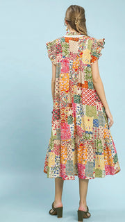 Patchwork Ruffle Sleeve Midi Dress