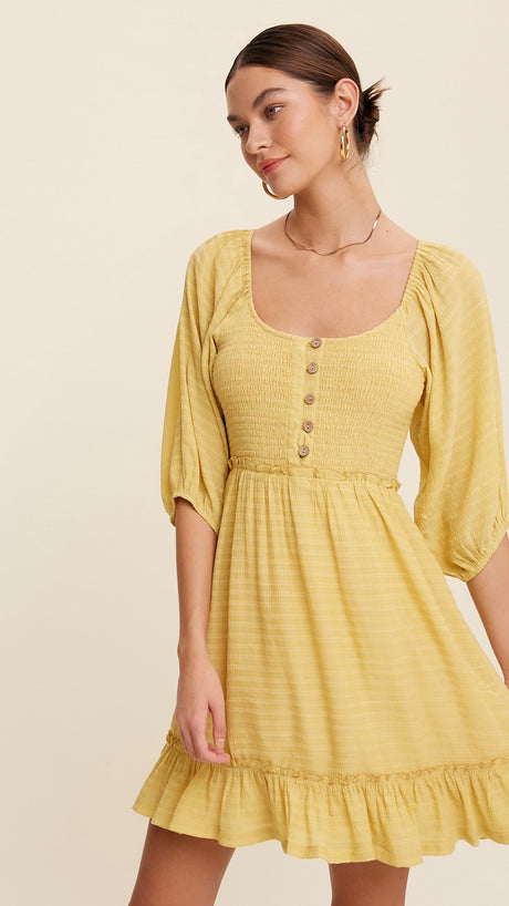 Smocked Bodice Bubble Slv Mini Dress