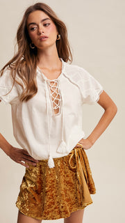 Cotton Embroidered Lace Up Top