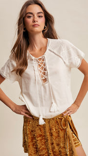 Cotton Embroidered Lace Up Top