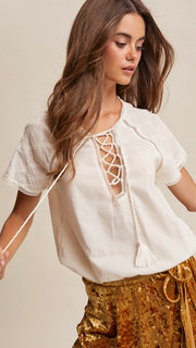 Cotton Embroidered Lace Up Top