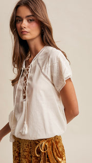 Cotton Embroidered Lace Up Top