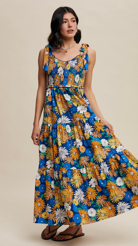 Bold Daisy Floral Tiered Midi Dress