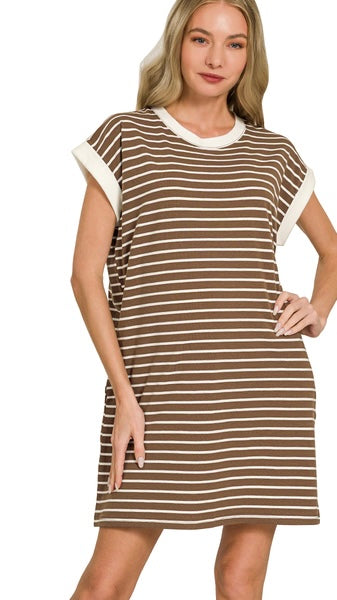 Striped Banded Trim Knit Dress w/Pockets