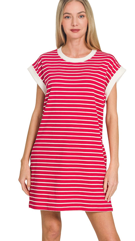 Striped Banded Trim Knit Dress w/Pockets