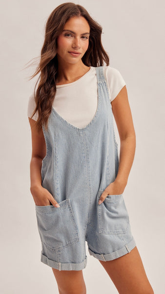 Railroad Stripe Denim Romper