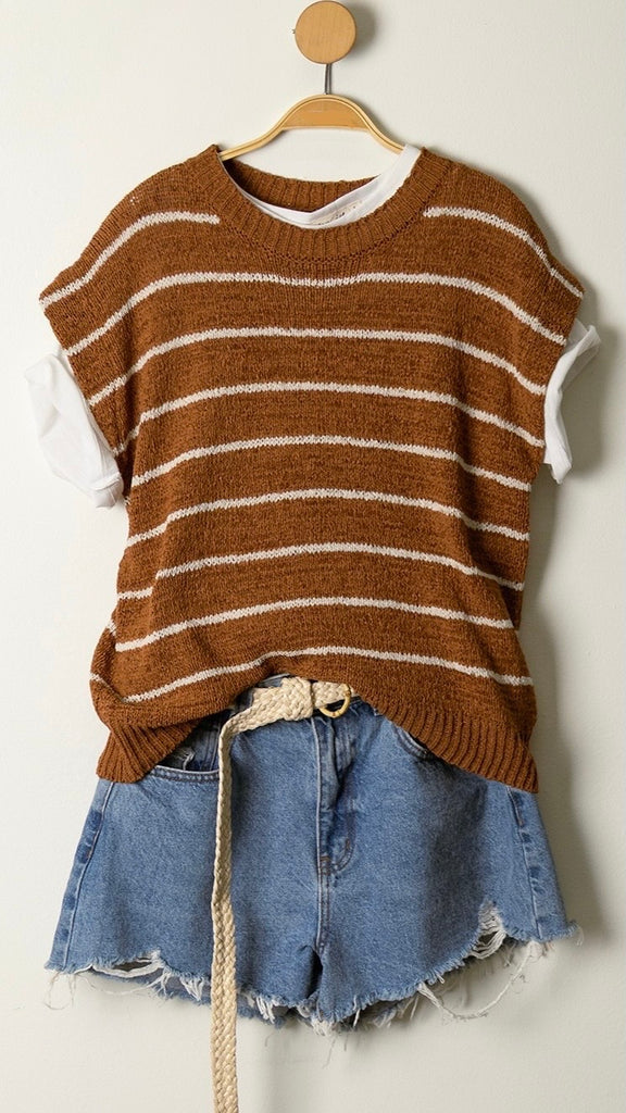 Stripe Cap Sleeve Sweater Knit Top