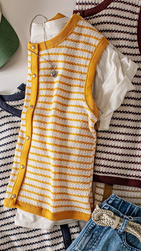 Stripe Textured Knit Button Front Vest