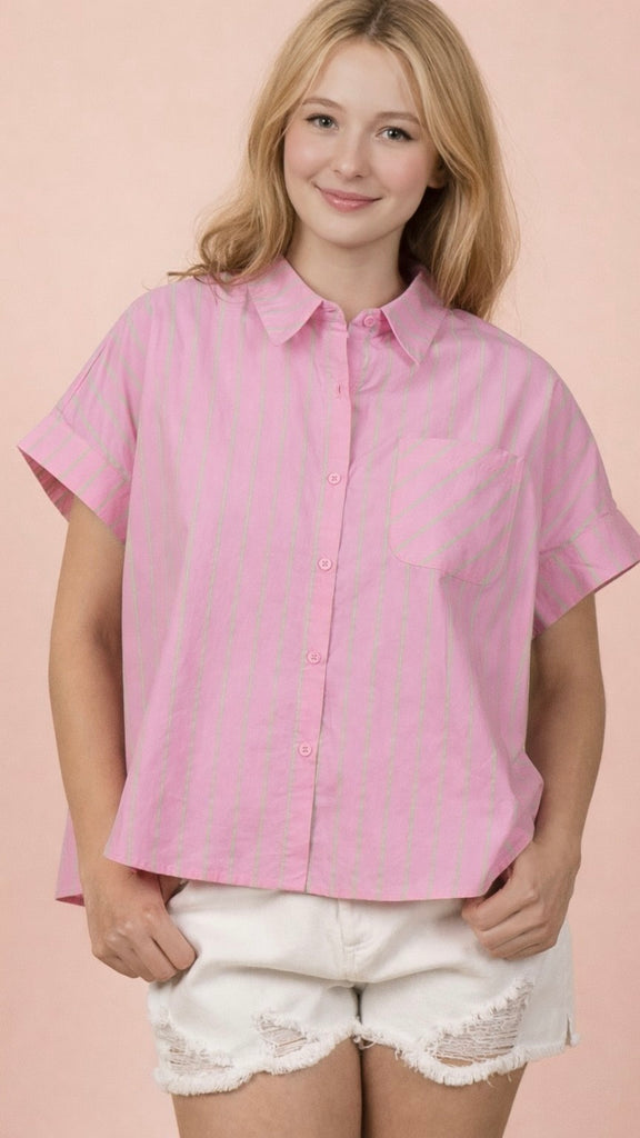 Cuff Sleeve Stripe Button Front Top