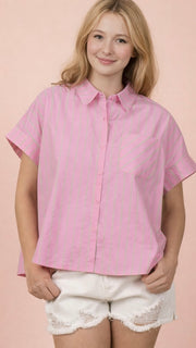 Cuff Sleeve Stripe Button Front Top