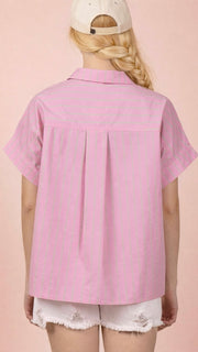 Cuff Sleeve Stripe Button Front Top