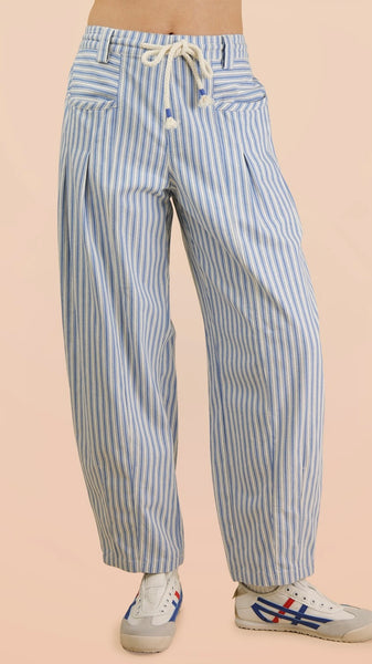 Rope Tie Waist Stripe Barrel Jean