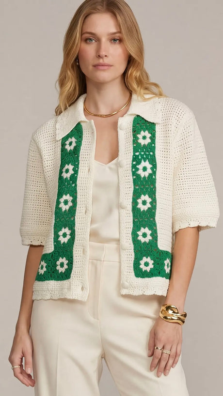 Crochet Border Half Sleeve Sweater